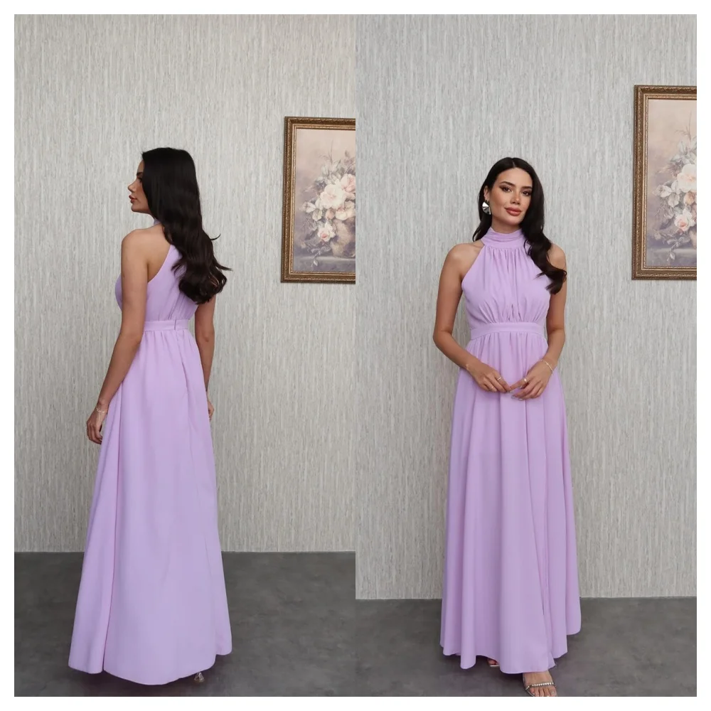 

Customized Simple Purple Chiffon Evening Dress Fashion Crew Neck Sleeveless Party Dress Modern A-Line Floor Length Celebrity Gow