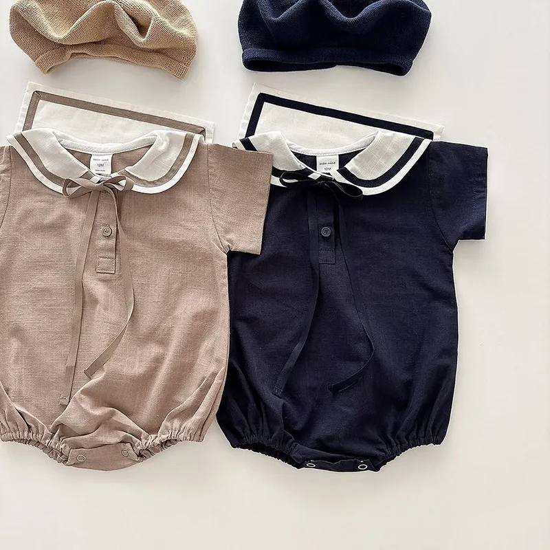 

Новый летний комбинезон для новорожденных девочек 2026 года, с коротким рукавом, из хлопка, с милым матросским воротником, в стиле преппи, для малышей 0-24 месяцев