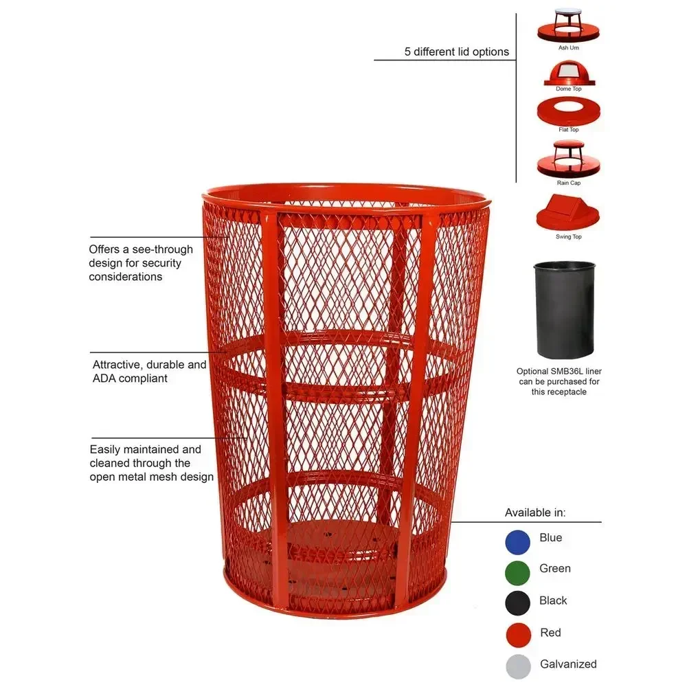 48-Gallon Round Outdoor Waste Receptacle, 23 Diameter, 33 Height, Red