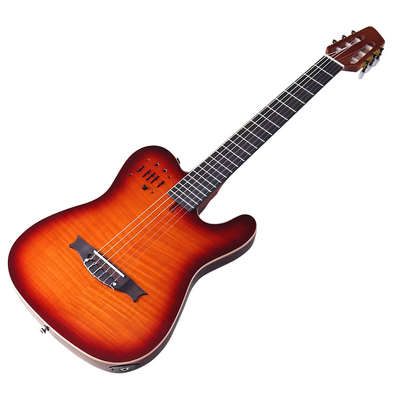 

Flame Maple Top Electric Classical Guitar 39 Inch 6 String High Glossy Classic Silent Guitar Sunburst Nylon Strings