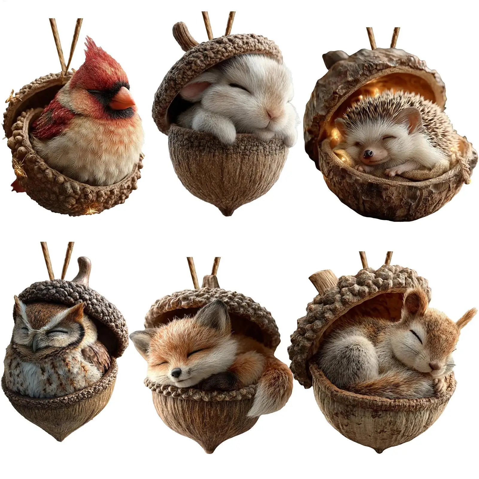 حيوان لطيف في الجوزة عيد الميلاد قلادة الحلي الاكريليك الثعلب والقنفذ والأرنب تصميم احتفالي ديكور معلق لشجرة عيد الميلاد والمنزل #6