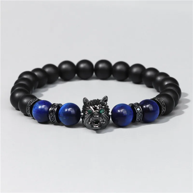 

New Handmade 8mm Beaded Bracelet Men Natural Stone Blue Tiger Eye Beads Bracelet Black Wolf Head Charm Energy Bracelet Jewelry