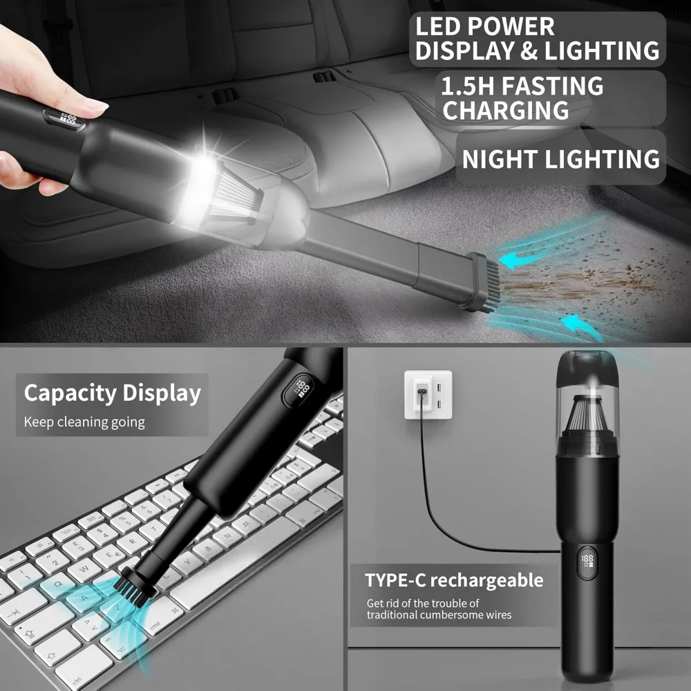 مكنسة كهربائية محمولة للسيارة، شفط قوي لاسلكي محمول بقوة 20 كيلو باسكال مع ضوء LED، منفاخ هواء 2 في 1، قابل لإعادة الشحن منخفض الضوضاء #5
