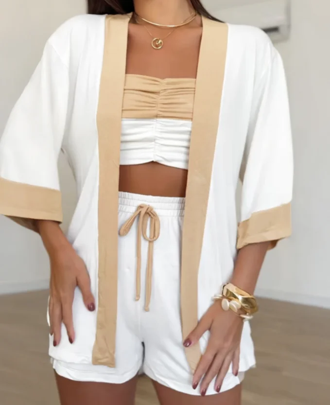

3 Pieces Outfit Open Front Half Sleeve Top and Causal Romper with Bandeau