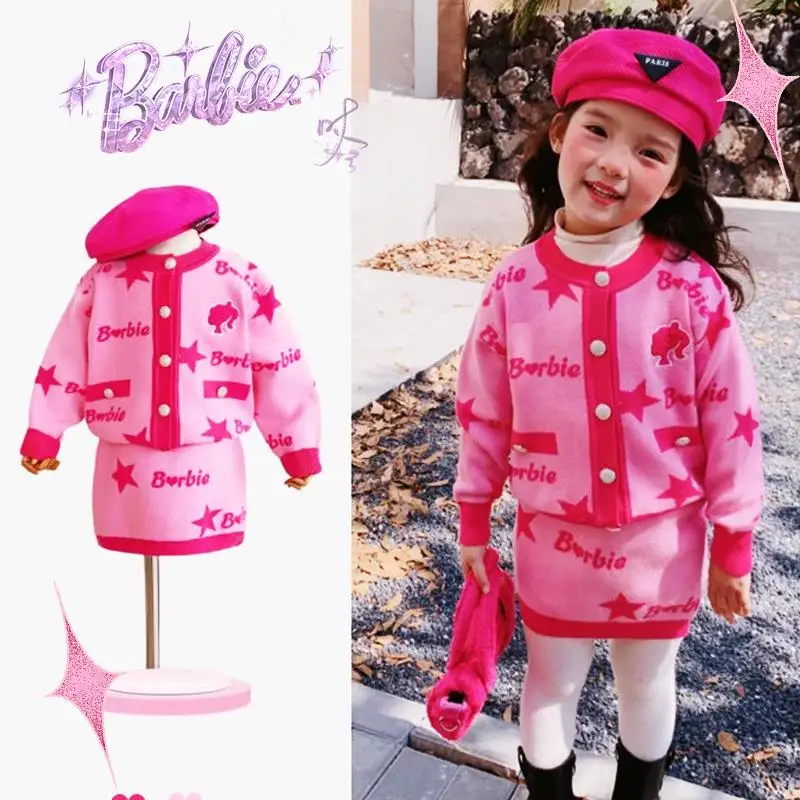 

Barbie Kids Suit Sweater Short Skirt 2Pcs Winter Warming Kawaii Trendy Movie Clothes Sweet Girls Gift Lovely Soft Comfortable