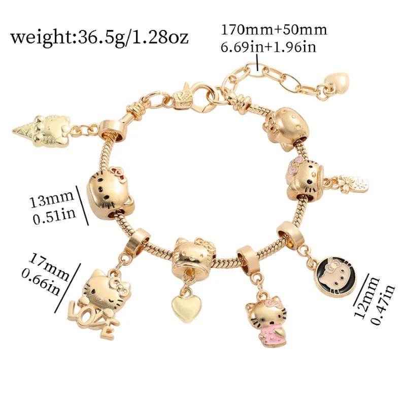 Hello Kitty Gold Plated Bracelets With Charms for Women High Quality Fashion Jewelry for Girl Kawaii Sanrio Party Gifts