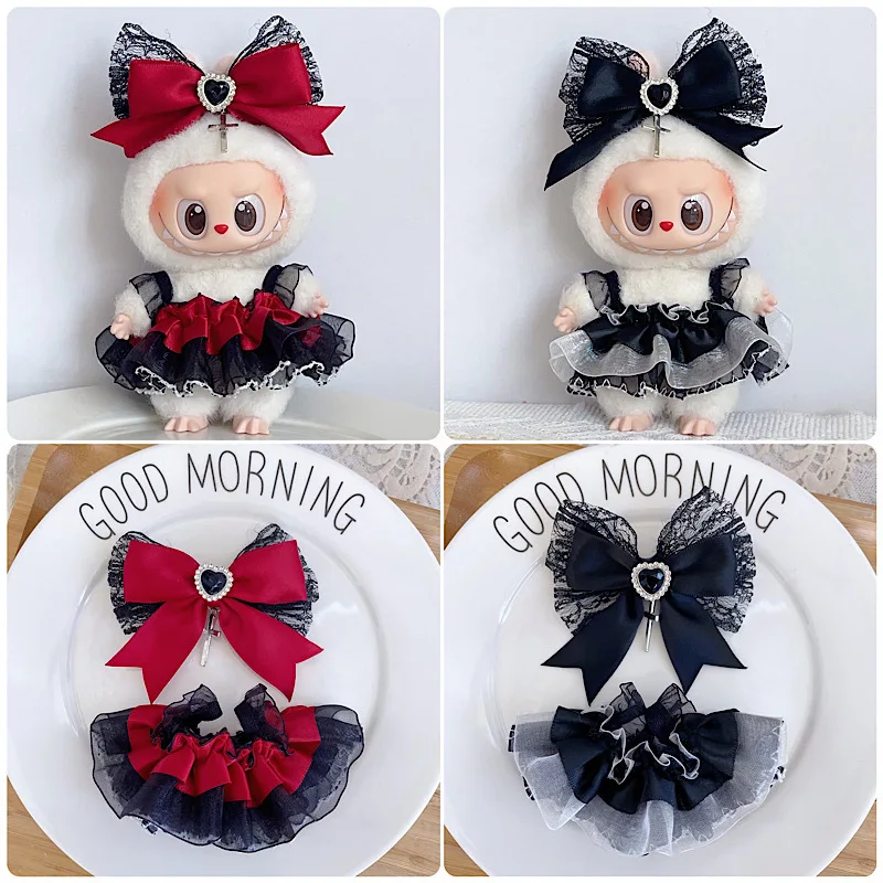 

For 17cm 1st 2nd 3rd Gen Labubu Maid Dress Outfit, Black Red French Maid Costume for Cotton Doll Clothing with Apron