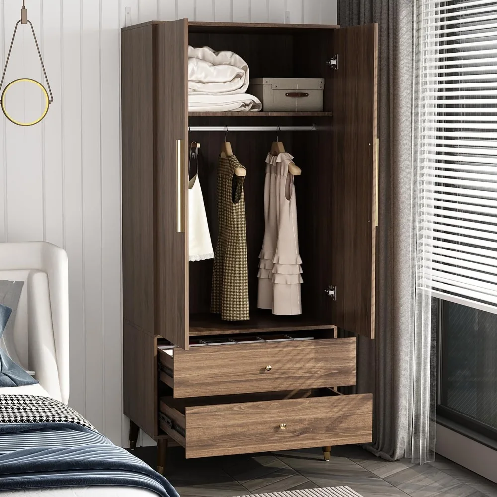 

Wardrobe Cabinet with 2 Drawers & Hanging Rod, Bedroom Armoire Clothes Organizer with Gold Handles