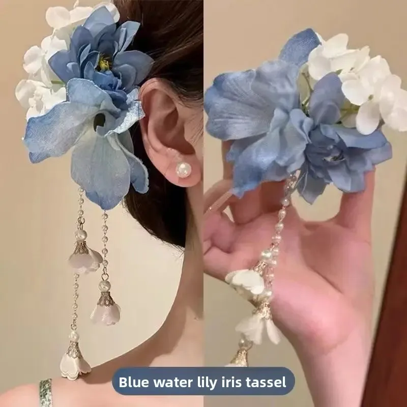 1PC Simulated Flower Tassel Hair Clip Women Vacation Style Headwear Hanfu Cheongsam Side Clip