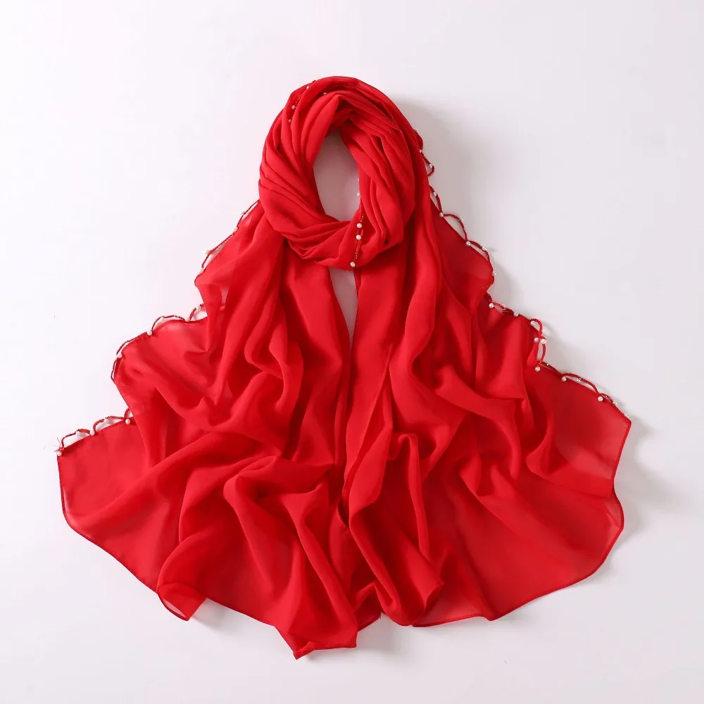 

Модный исламский тюрбан из шифона, длинный этнический платок с волнистым декором, цепочками и жемчугом, повседневная накидка-шаль