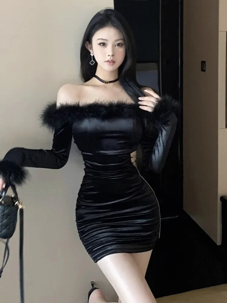 Kimotimo Temperament Fur Collar Exposed Waist Party Dress Women Autumn Winter Long Sleeve Folds Slim High End Wrapped Dresses