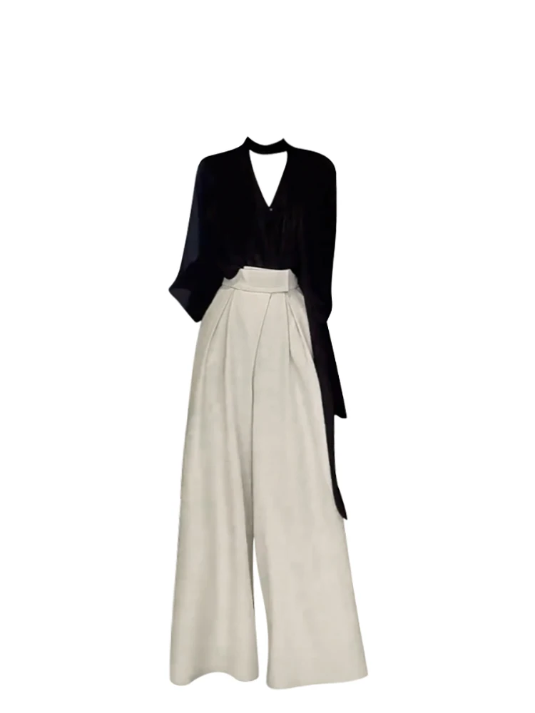 

plus Size Korean Sle V-Ne Long Sve irt And Wide Leg Pants Two-Piece Set for Women Slimming Spring Faion Ensemble