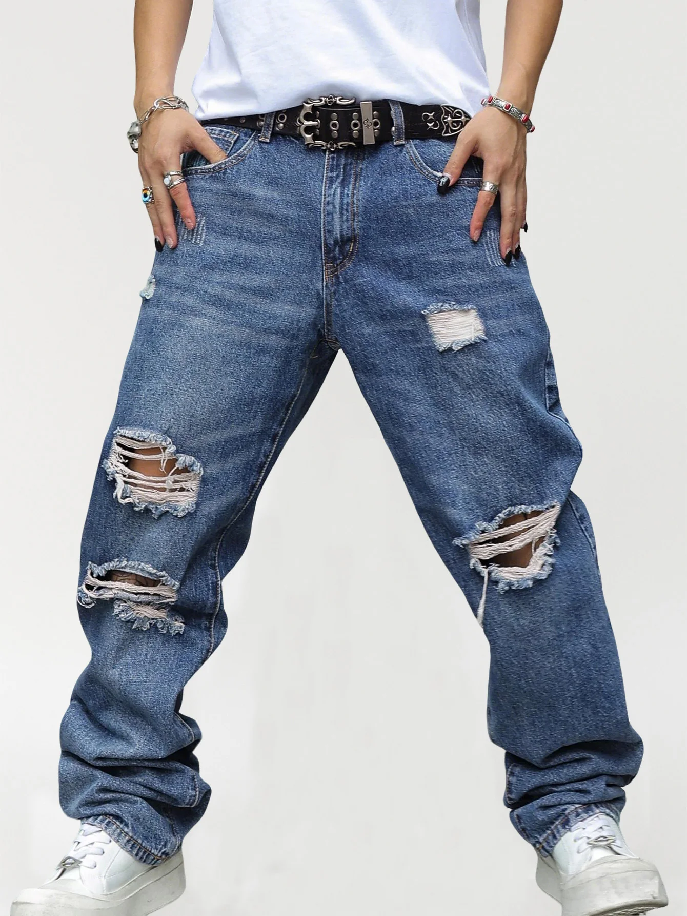 

Men's Streetwear Ripped Baggy Jeans Hip Hop Distressed Vintage Loose Fit Denim Pants Y2K Skater Style Casual Trousers
