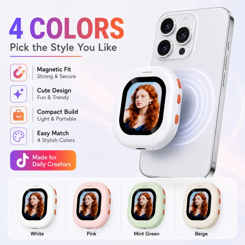 Wireless Phone Screen Mirroring Device Magnetic Rear Camera Selfie Monitor for Live Streaming Vlog Recording