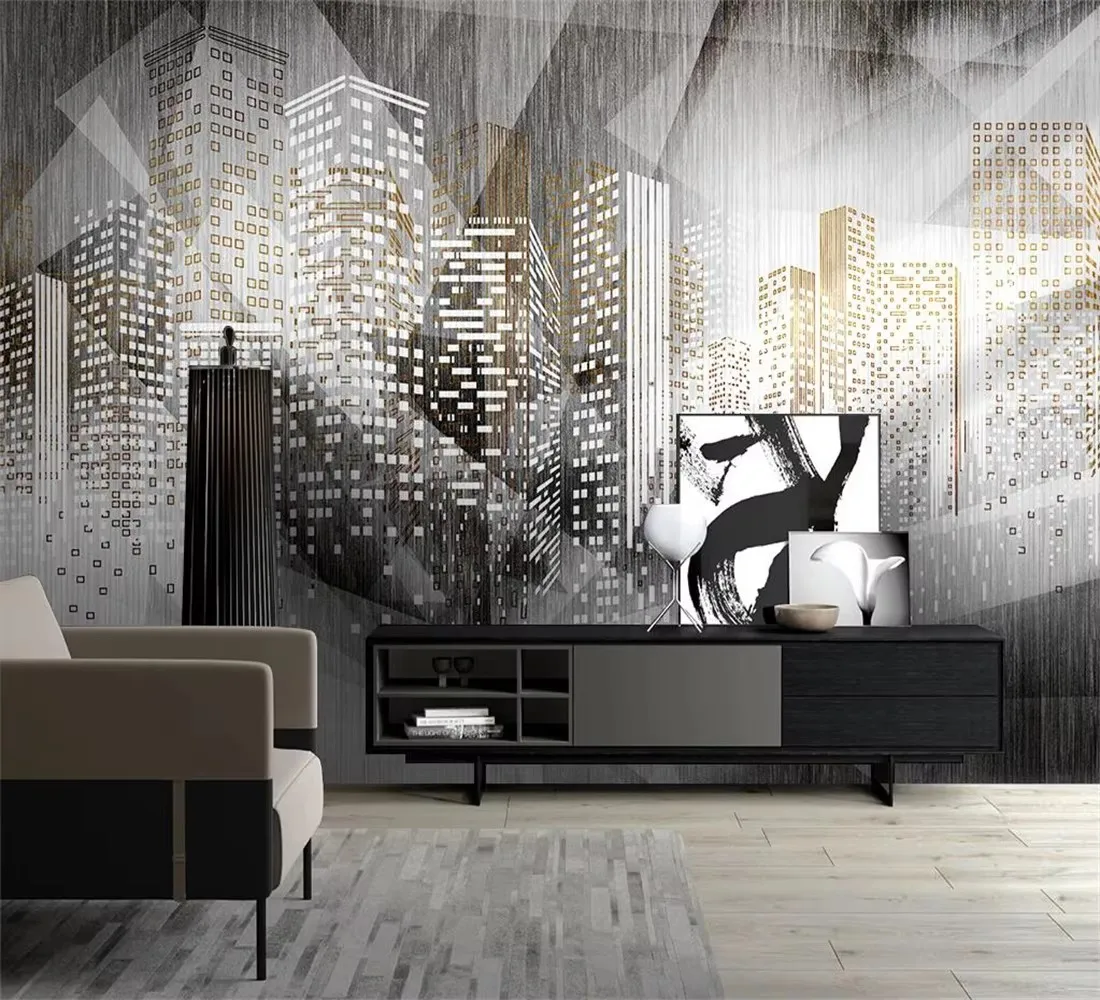 Custom size wallpaper black and white city building geometric pattern background decorative painting home decor 3d wallpaper