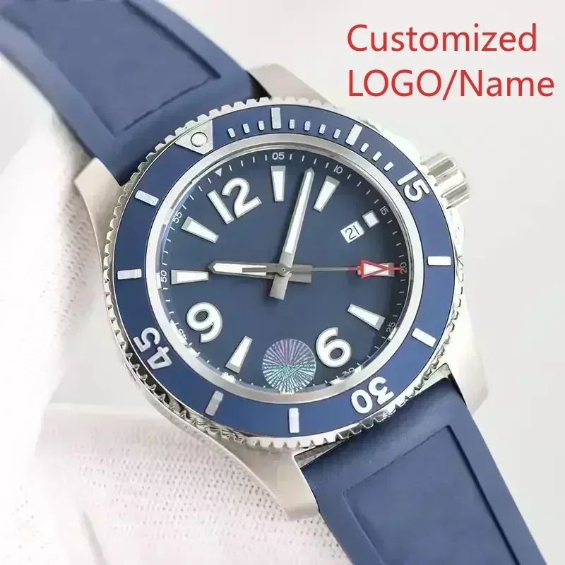 ساعات رجالي فائقة المحيط فاخرة باللون الأسود والأزرق المضيء من الفولاذ المقاوم للصدأ بإطار دوار من المطاط الميكانيكي الأوتوماتيكي حسب الطلب #5