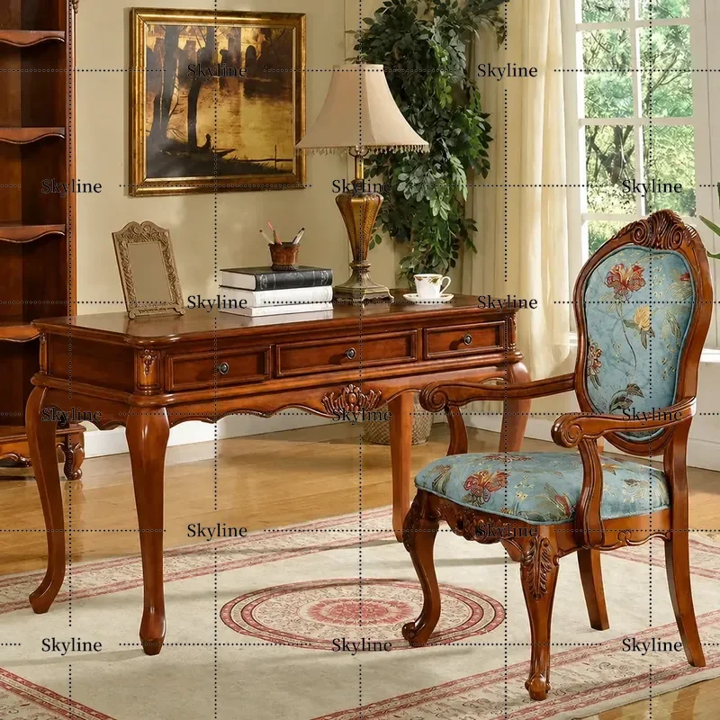 American Solid Wood Desk and Chair Set Home Bedroom Study Furniture European Small Writing Desk Computer Table