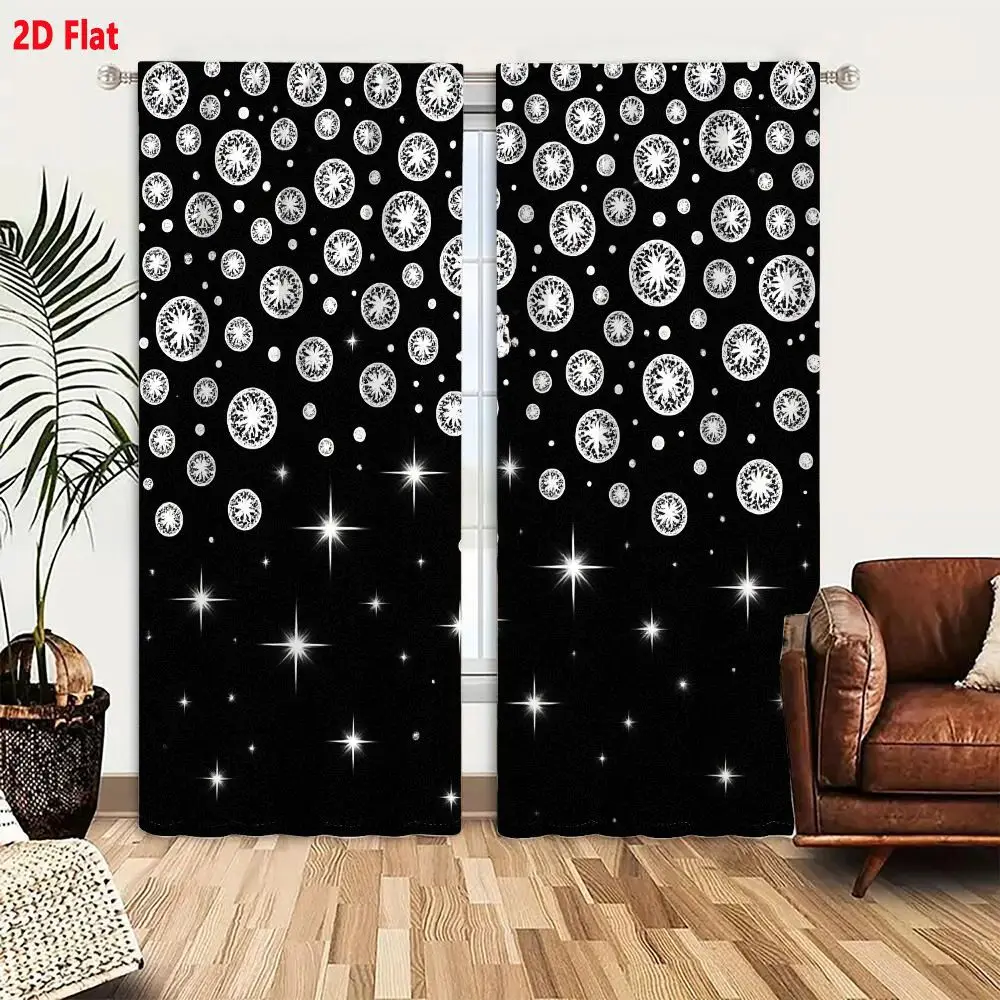 2Pcs Curtains 2D Flat Black Background With White Snowflake-like Circular Decorative Elements Scattered Upper Portion Plus Small