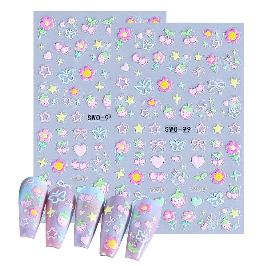 2 stuks zoete element nail art stickers eenvoudige bloem hart kersen aardbei kawaii stickers kleurrijke boog vlinder manicure sliders - afbeelding 2