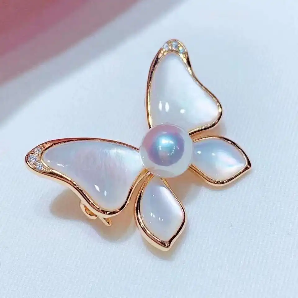 

N Brooch Pendant Dual-use 14K Gold Filled White Shell Butterfly 9-10mm Freshwater Pearl Brooch Pendant Necklace