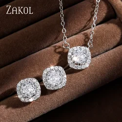 ZAKOL Fashion Yellow White Cubic Zirconia Square Stud Earrings Necklace Set for Women Shinny Round Crystal Wedding Jewelry SP314
