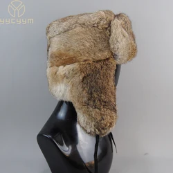 Chapéu bombardeiro de pele de coelho natural masculino com abas de ouvido, unissex russo Ushanka, chapéu de pele real, bonés quentes, inverno