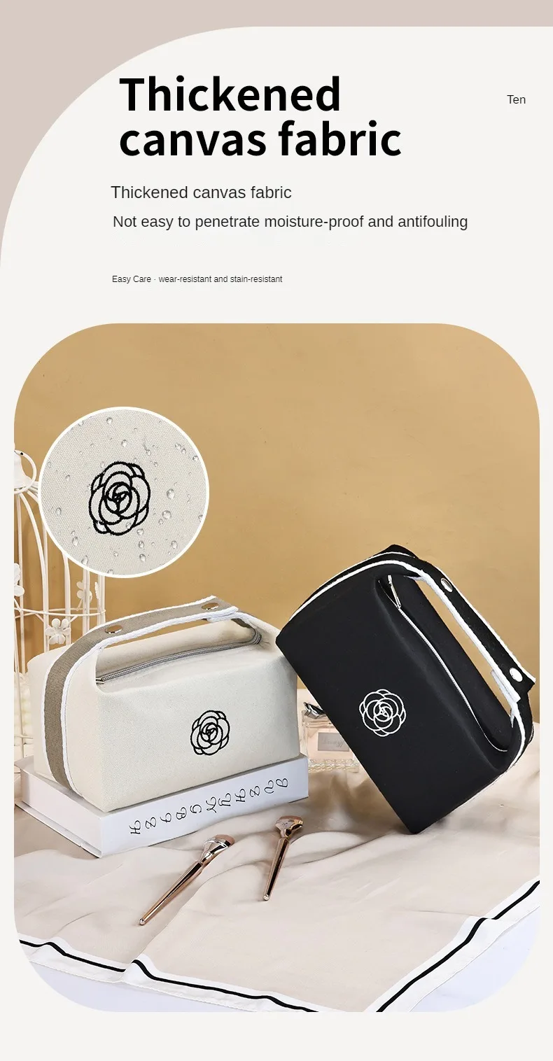 Hochwertige tragbare Make-up-Tasche aus Kamelien-Canvas für Reisen, großes Fassungsvermögen, Aufbewahrungstasche für Toilettenartikel, Kosmetik, Hautpflege – Detail 6