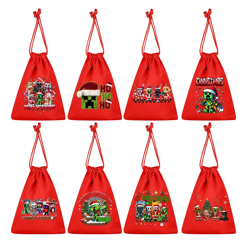 

Pixel Game Theme Red Drawstring Minecrafted Christmas Gift Bag Pure Cotton Storage Bags Portable Storage Organize Bag Xmas Gifts