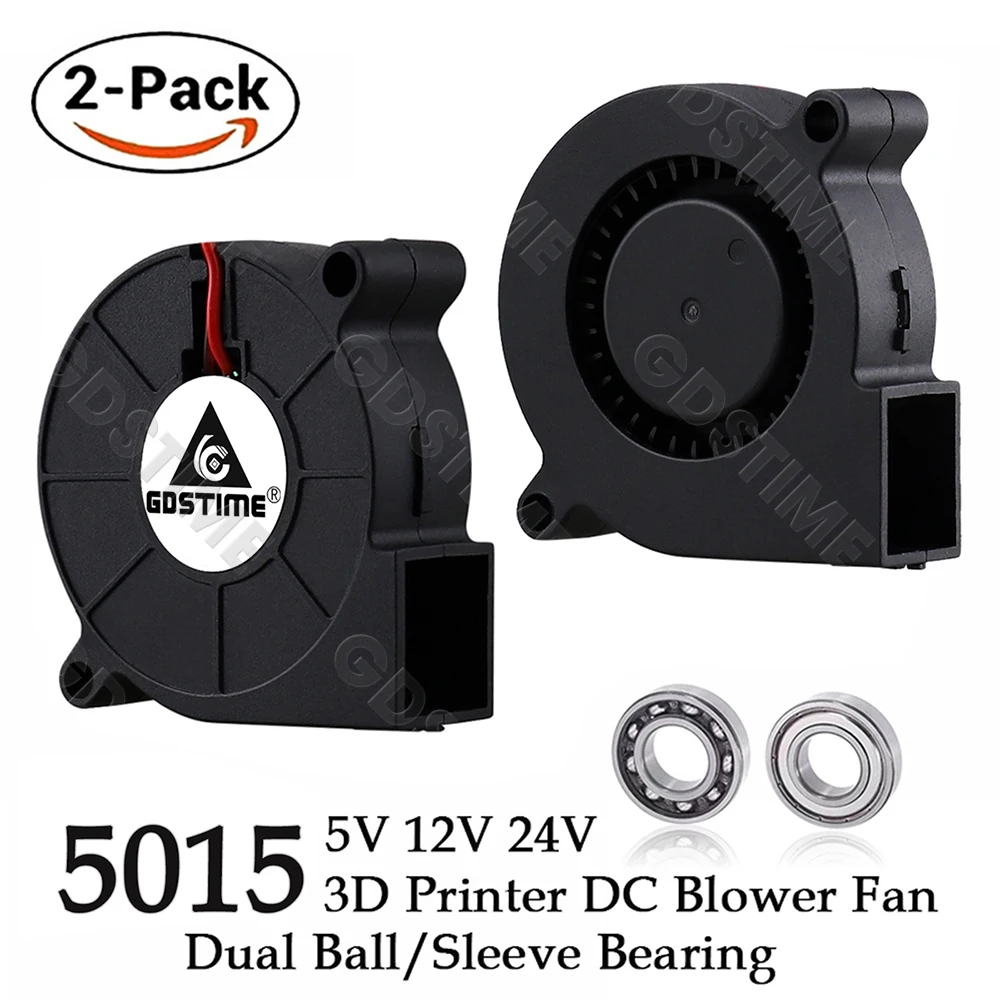 2PCS Gdstime 5015 50mm DC 24V 12V 5V 2Pin Ball/Sleeve Bearing Brushless Cooling Turbine Blower Fan 50mm x 15mm Blower Cooler Fan