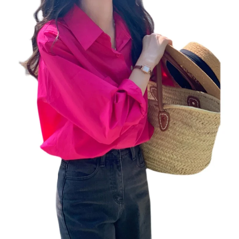 Casual Rosa irt Mujer Primavera Otoño Hong Kong Sle Long Sve Collar Street Faion Color puro Top de corte recto