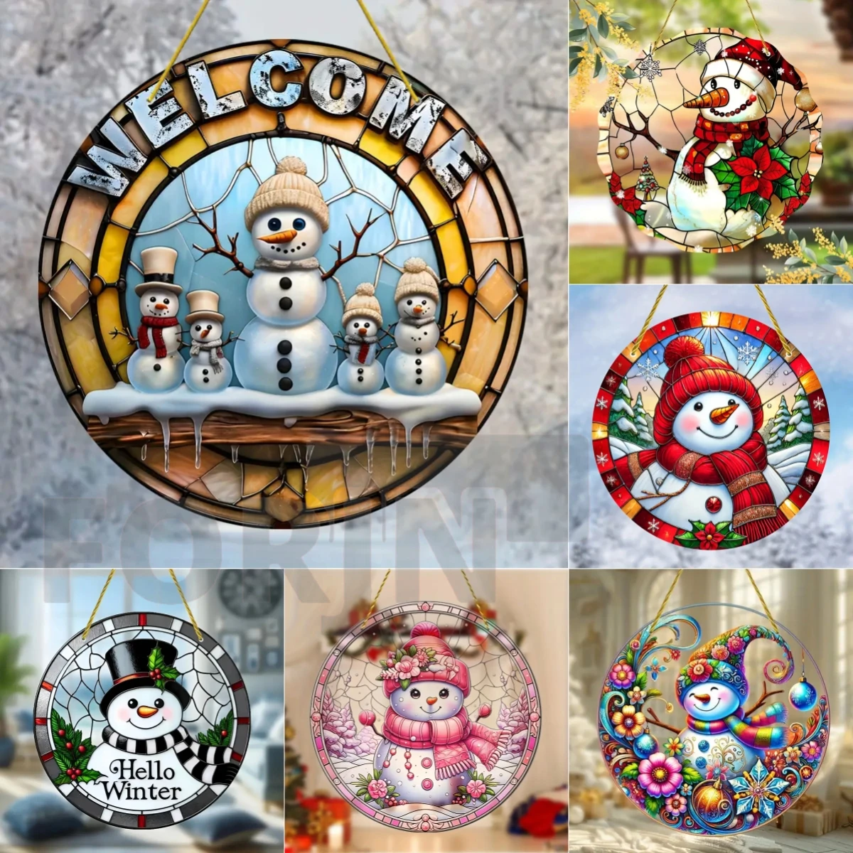 Snowman Acrylic Suncatcher-Round Translucent Hanging,Colorful Wreath Design Decor for Christmas Tree Perfect Gift for Friends