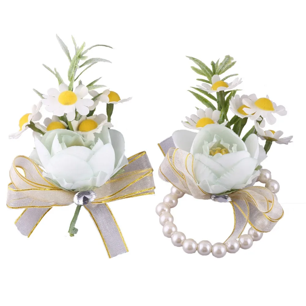 Boutonnière de mariage artificielle pour hommes, injRose blanc, perles de destruction, nœud de ruban, épingles de corsage de demoiselle d'honneur, accessoires de mariage