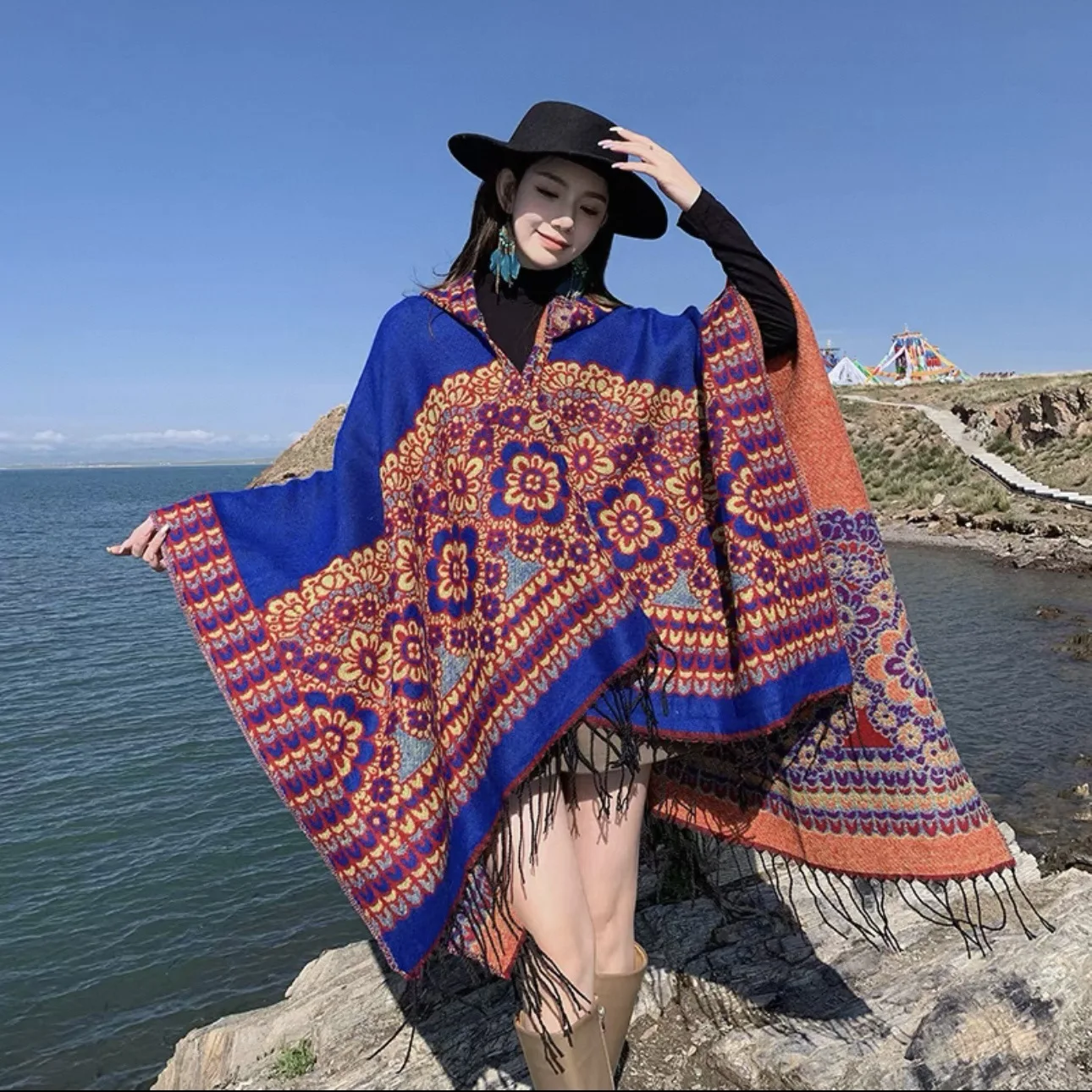 Women's Poncho with Hooded Scarf Autumn/Winter Party Travel Cloak Warmth Photo Outerwear Cover-Up Cape P3