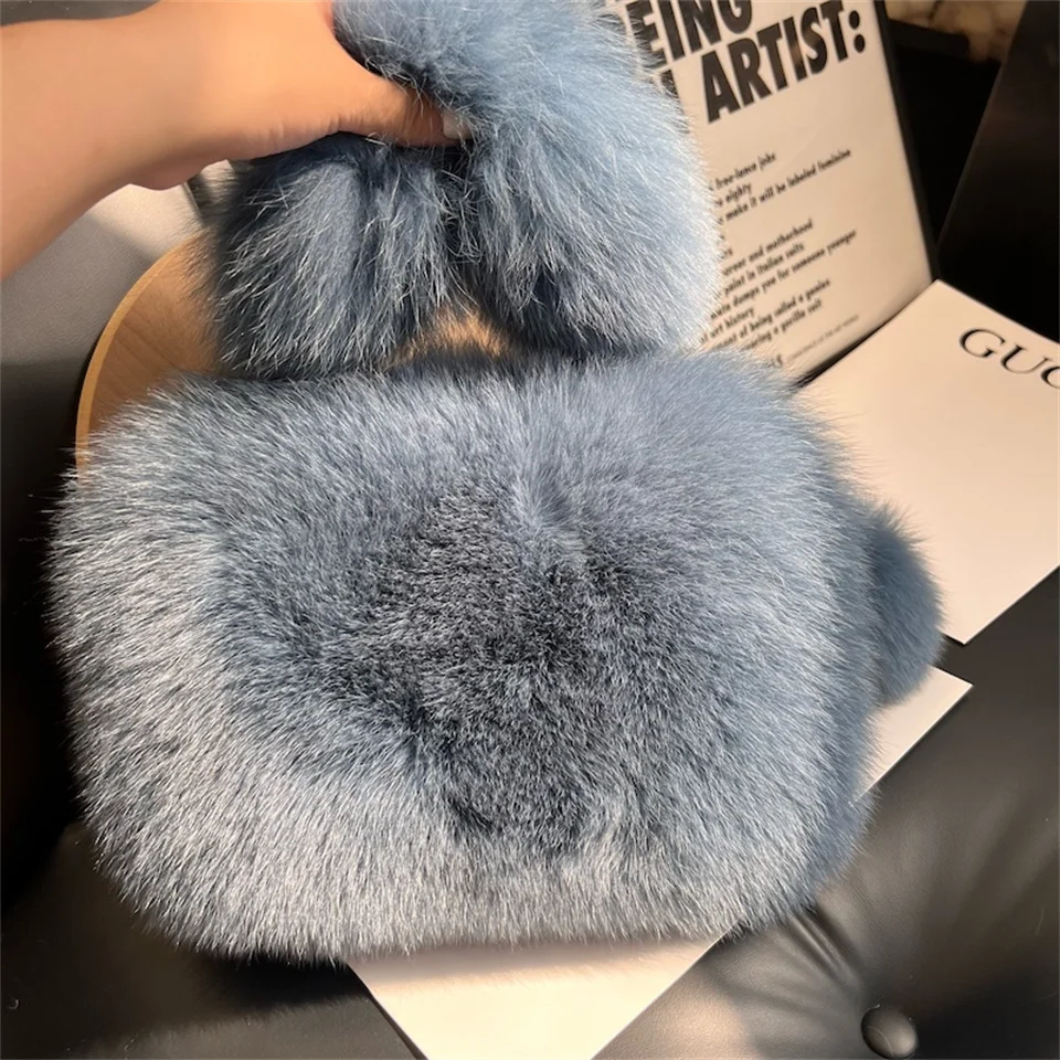 Damen Echtfell-Fuchspelz Kleine Quadratische Tasche Modische Weiche Plüsch-Handtasche Luxuriöse Crossbody-Schultertasche Flauschige Tragetasche für Frauen – Detail 15