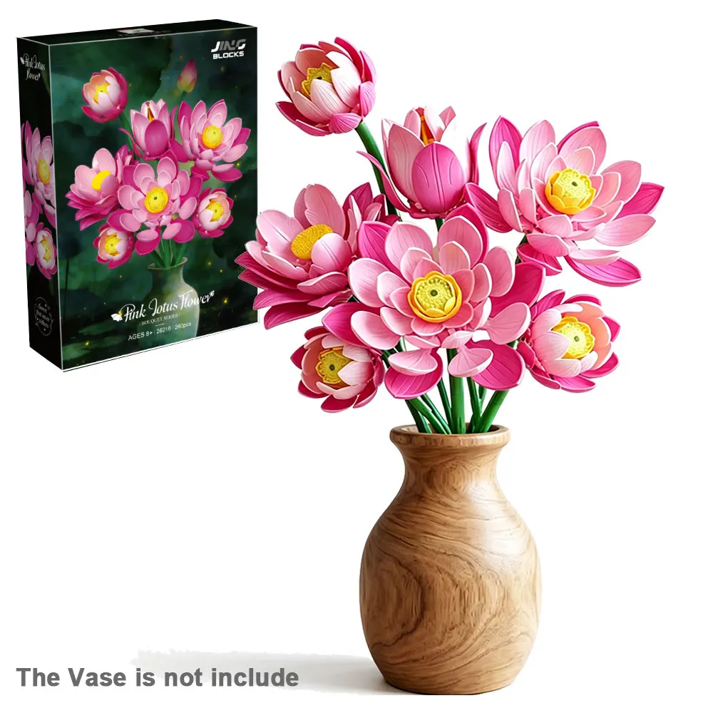 

260PCS Pink Lotus Flower Building Blocks Set Artificial Botanical Lotus Bouquet DIY Assembly Bricks for Home Decor Toy Gift