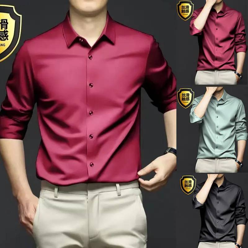 

6XL men's dress shirt Long sleeve silky Spring Spring free ironing Business casual high quality breathable slim plus size