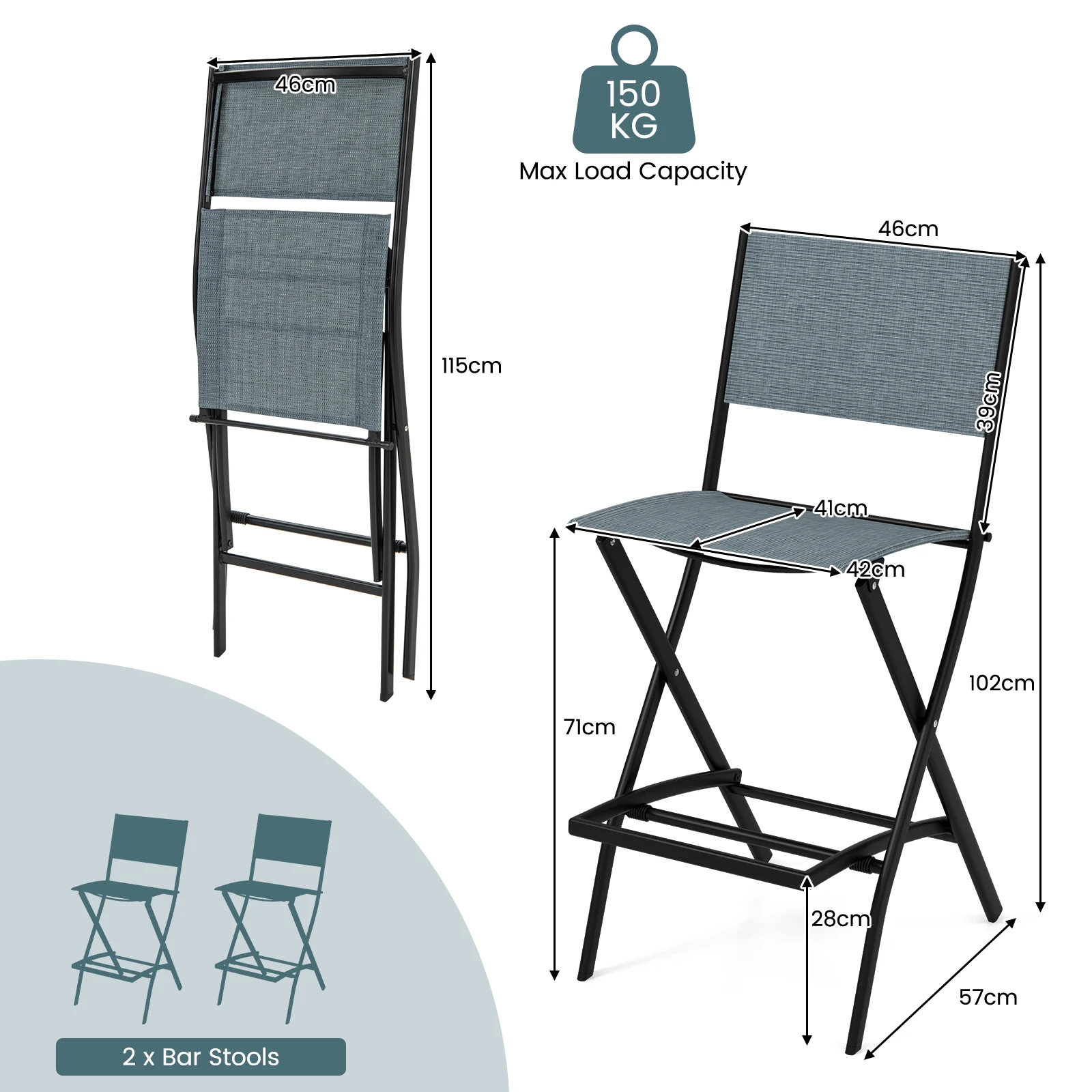 Set of 2 Outdoor Bar Stools, Folding Bar Chairs with Backrest and Footrest, Counter Stools up to 150 kg, Seat Height 71 cm