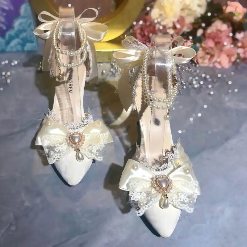 Lolita Wedding High Heels Pointed Toe Shoes For Women, Cream Ivory French Elegant Bridal Pumps, Fairy Princess Prom Party Shoes