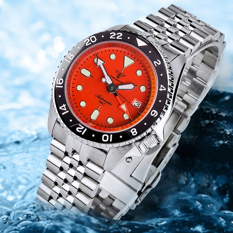 

41mm Diver Watch for Men Orange Dial Sapphire Glass Japan NH34A GMT Automatic 200M Waterproof Date Indicator Green Lume