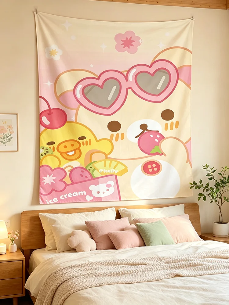 Pastel Pink Cute Cartoon Bear Wall Hanging Tapestry