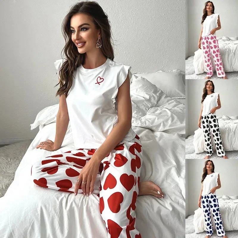 

2025 White T-Shirt Women's Pajama Set Sexy Fly Sleeve Vest Pants Sleepwear Heart Print Casual Pyjamas Loungewear Spring 2-piece