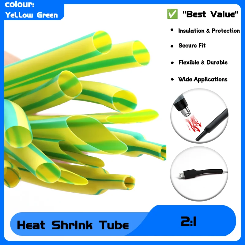 

2:1 Diameter 1~50mm Insulation Sleeving DIY Wrap Wire Repair Cable Protecctor 1~10m Heat Shrink Heatshrink Tube Yellow-Green