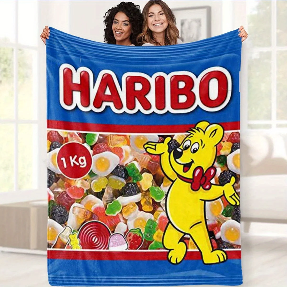 Ganzjahres-Flanelldecke mit Haribo-Bonbon-Thema, mit bunten Bonbon-Druckmustern und Cartoon-Bär