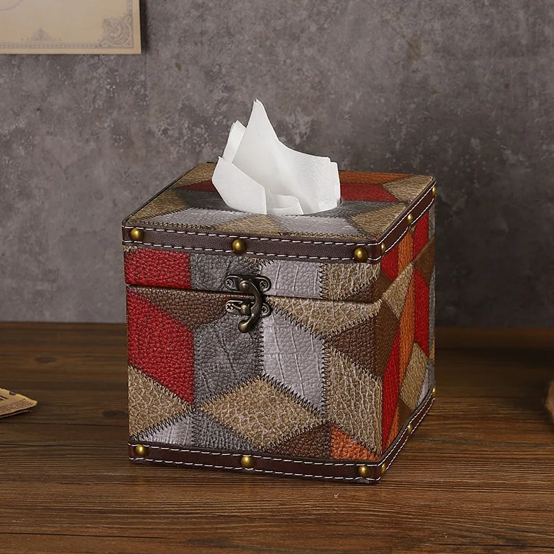 

Classic Contrast Color Creative Tissue Box Indoor Desktop Leather Carton Square Light Luxury Household Napkin Carton