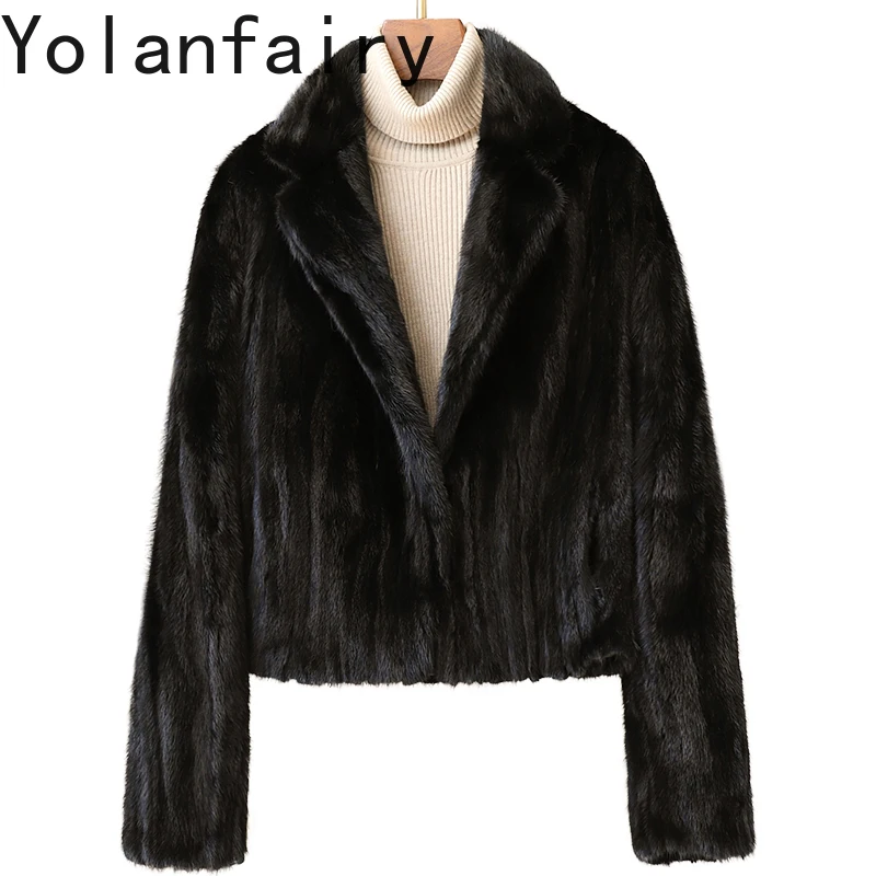 YOLANFAIRY جديد جودة عالية الربط قطع من سترات فرو المنك للمرأة دعوى طوق كم طويل معطف الفرو الحقيقي سترة قصيرة الفراء