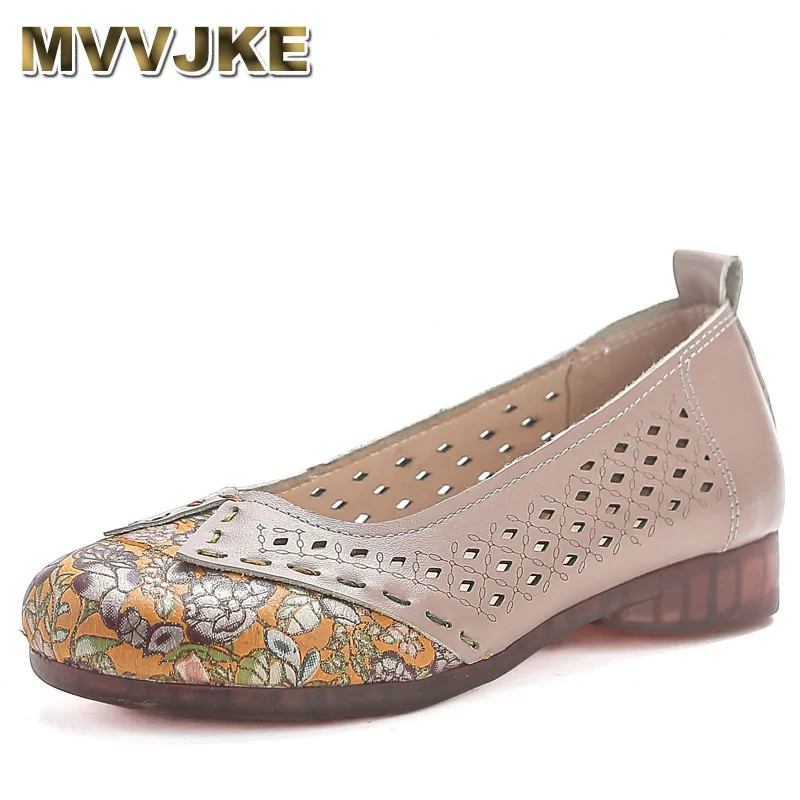 genuine-leather-soft-soled-low-heel-sandals-summer-retro-printed-hollow-out-breathable-women's-shoes