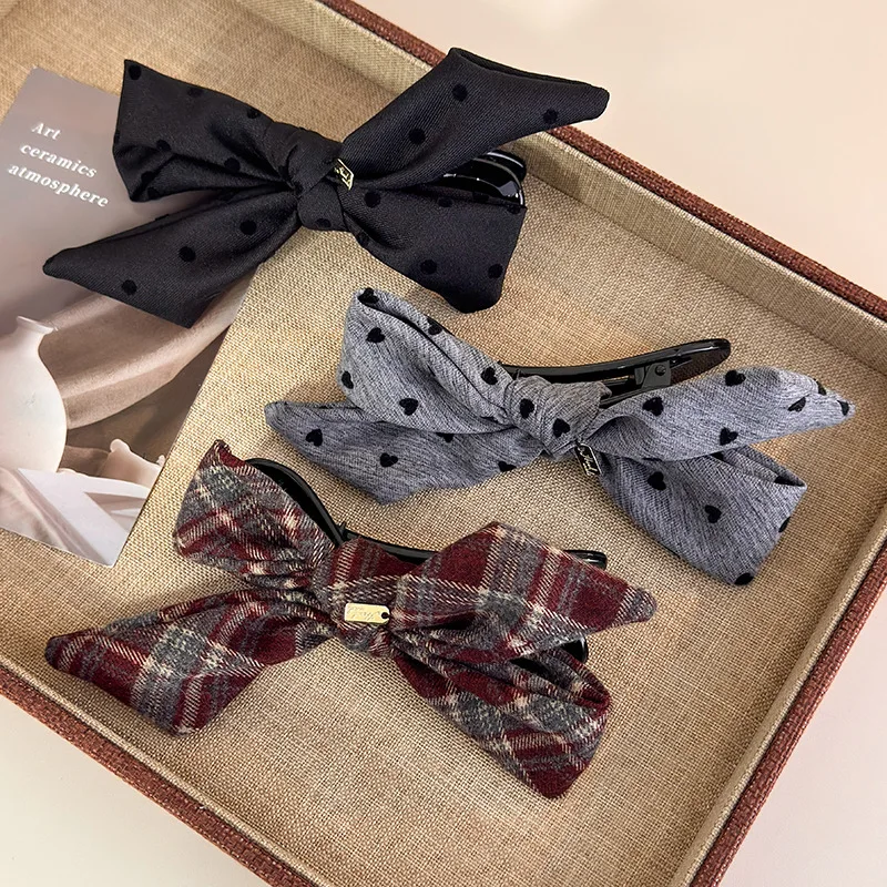 

Heart Polka Dot Plaid Bow Hair Clip Gold Label Back of Head Bun Clip Ponytail Horizontal Hair Clip for Women Daily Use Accessory
