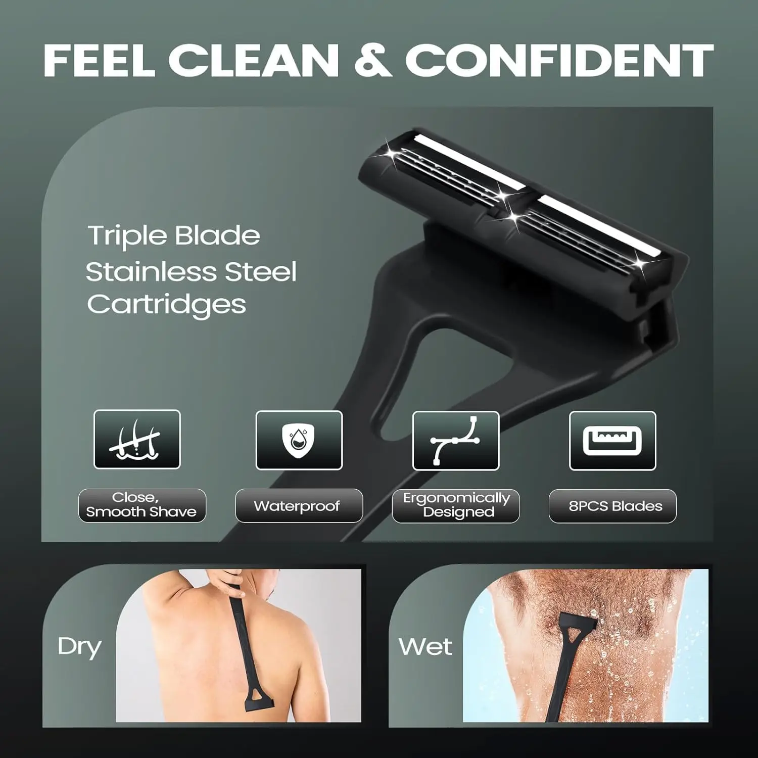 Razor Men Back Shaver Safety Long Handle Folding Back Shaver Body Shaver Back Hair Trimmer Replacement Heads