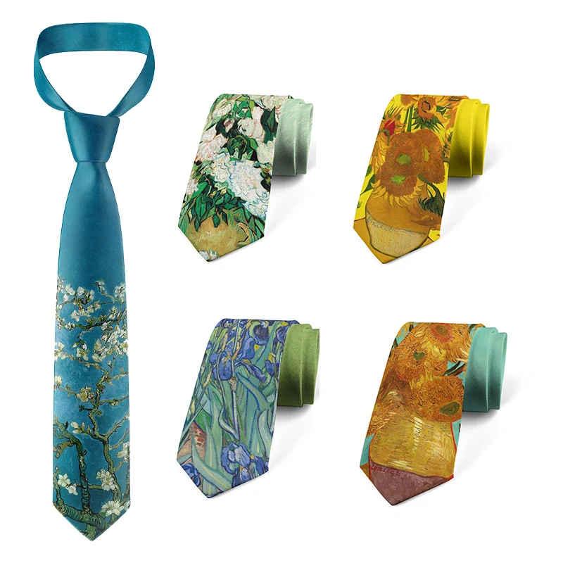 Retro art oil painting floral print tie fashion business wedding casual party tie unisex polyester tie shirt accessories