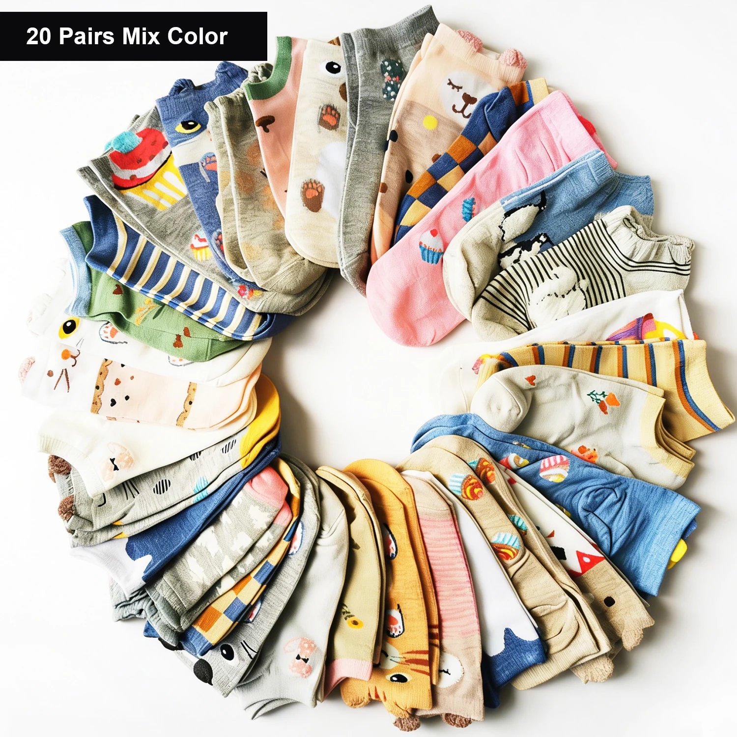 

20 пар женских хлопковых носков с милыми животными и цветами, креативные повседневные забавные носки для женщин, низкие носки для студентов, размер 35-40 EUR